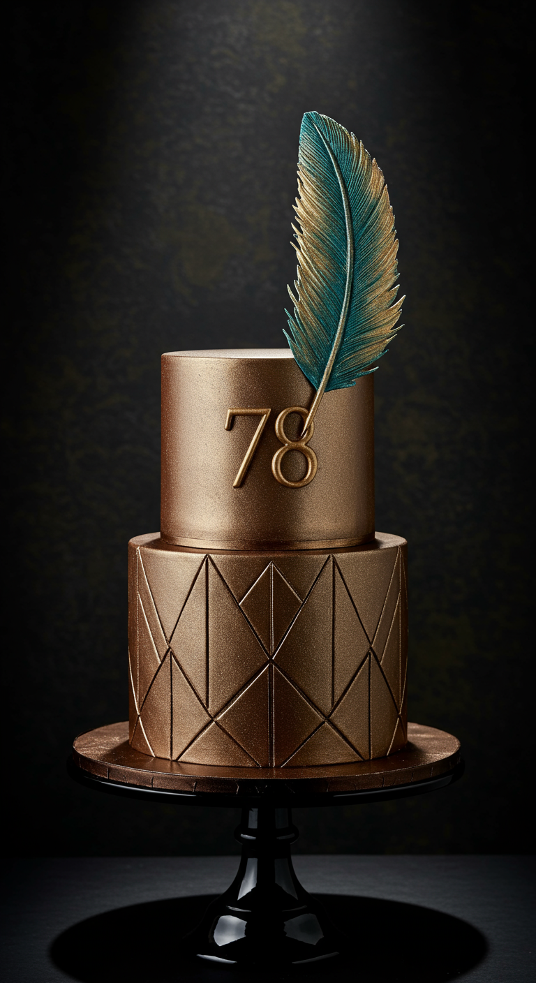 Zweistöckige Torte in Bronze mit geometrischem Muster und einer blaugrünen Feder.