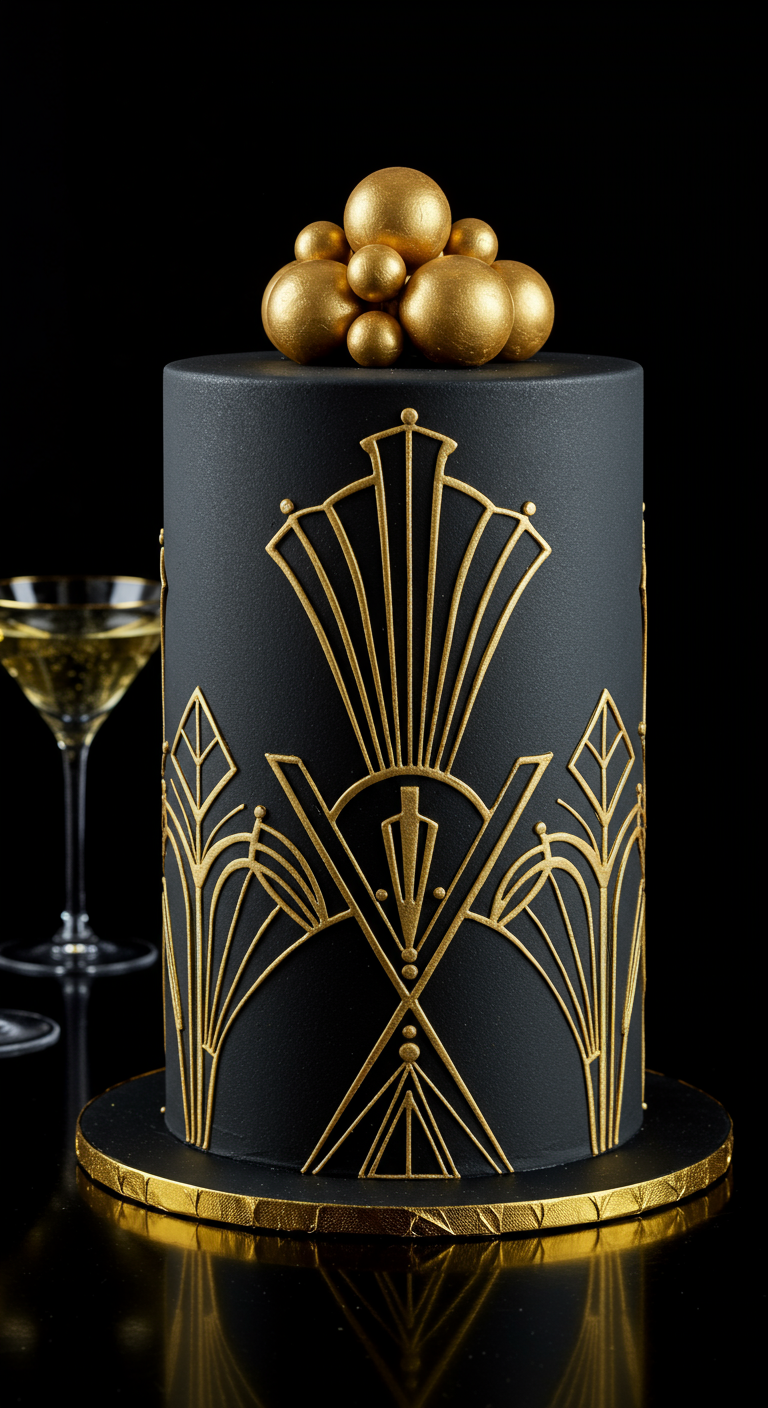 Schwarze Torte mit goldenem Art-déco-Muster und goldenen Kugeln obendrauf.