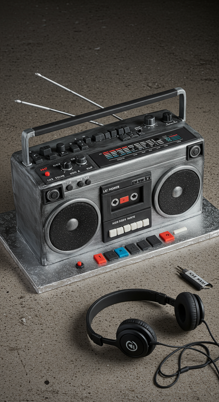 Realistisch aussehende Ghettoblaster-Torte mit Kopfhörern daneben.