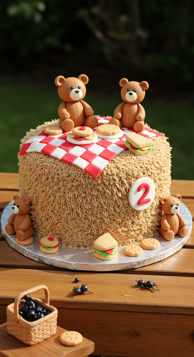 Teddybär-Picknick-Torte mit Heuballen-Textur und kleinen Fondant-Bären.