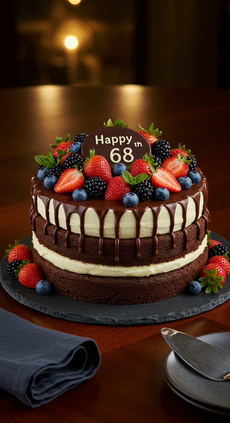 Schokoladen-Naked-Cake mit heller Creme, Schokodrip und frischen Beeren.