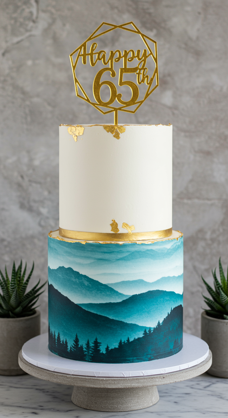Zweistöckige Torte, oben weiß mit Gold, unten blaues Bergpanorama.