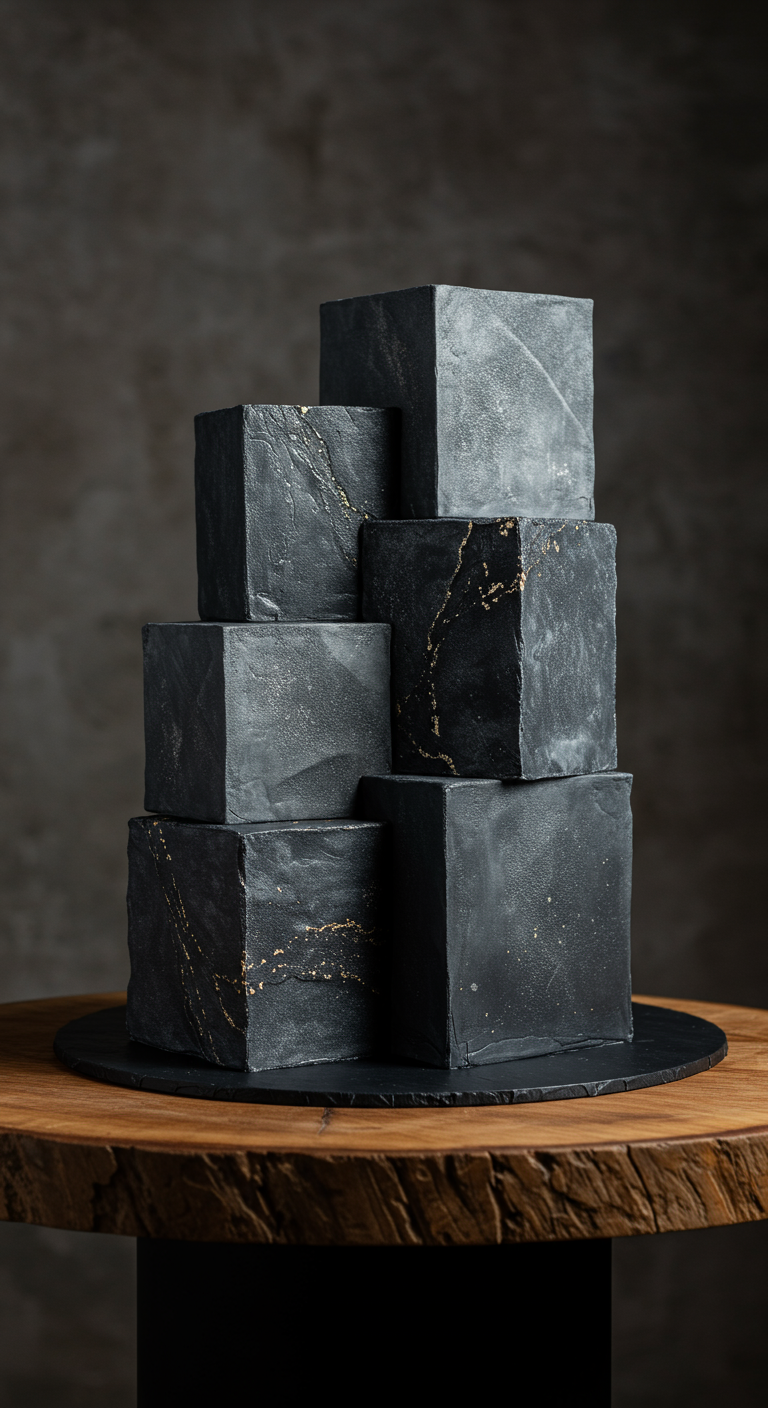 Schwarze Torte aus unregelmäßig gestapelten Würfeln mit Betontextur und goldenen Äderchen.