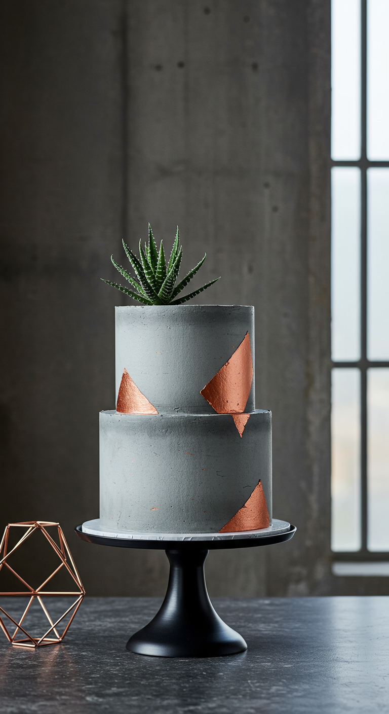 Zweistöckige graue Torte in Betonoptik mit Kupferakzenten und Sukkulente.