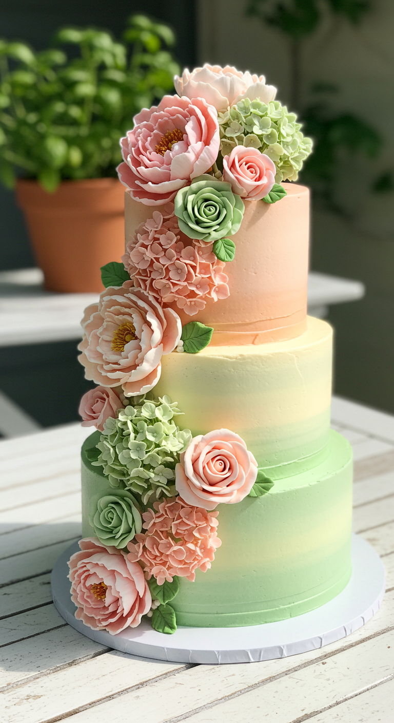 Dreistöckige Torte mit pastellfarbenem Ombré-Effekt und Zuckerblumen.