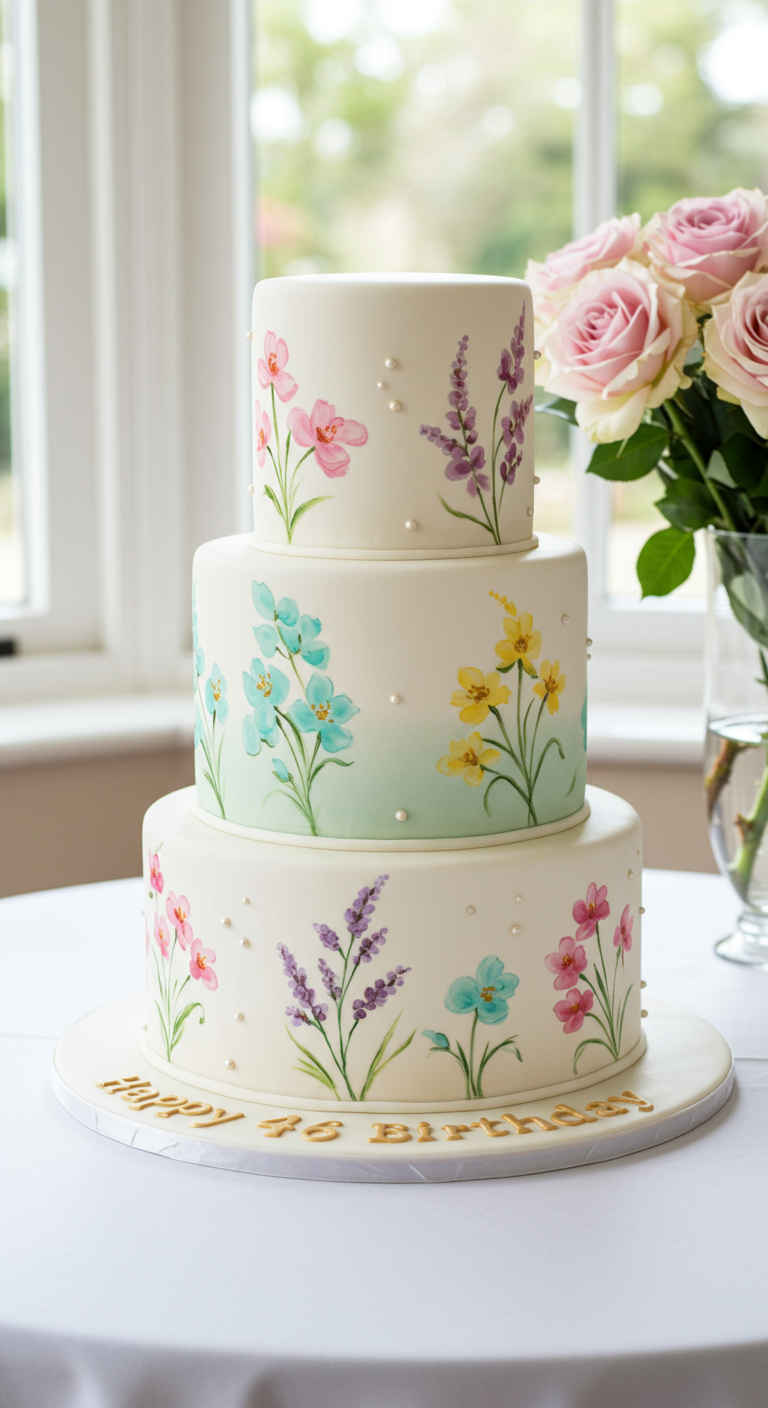 Dreistöckige weiße Torte mit handgemalten bunten Wildblumen.