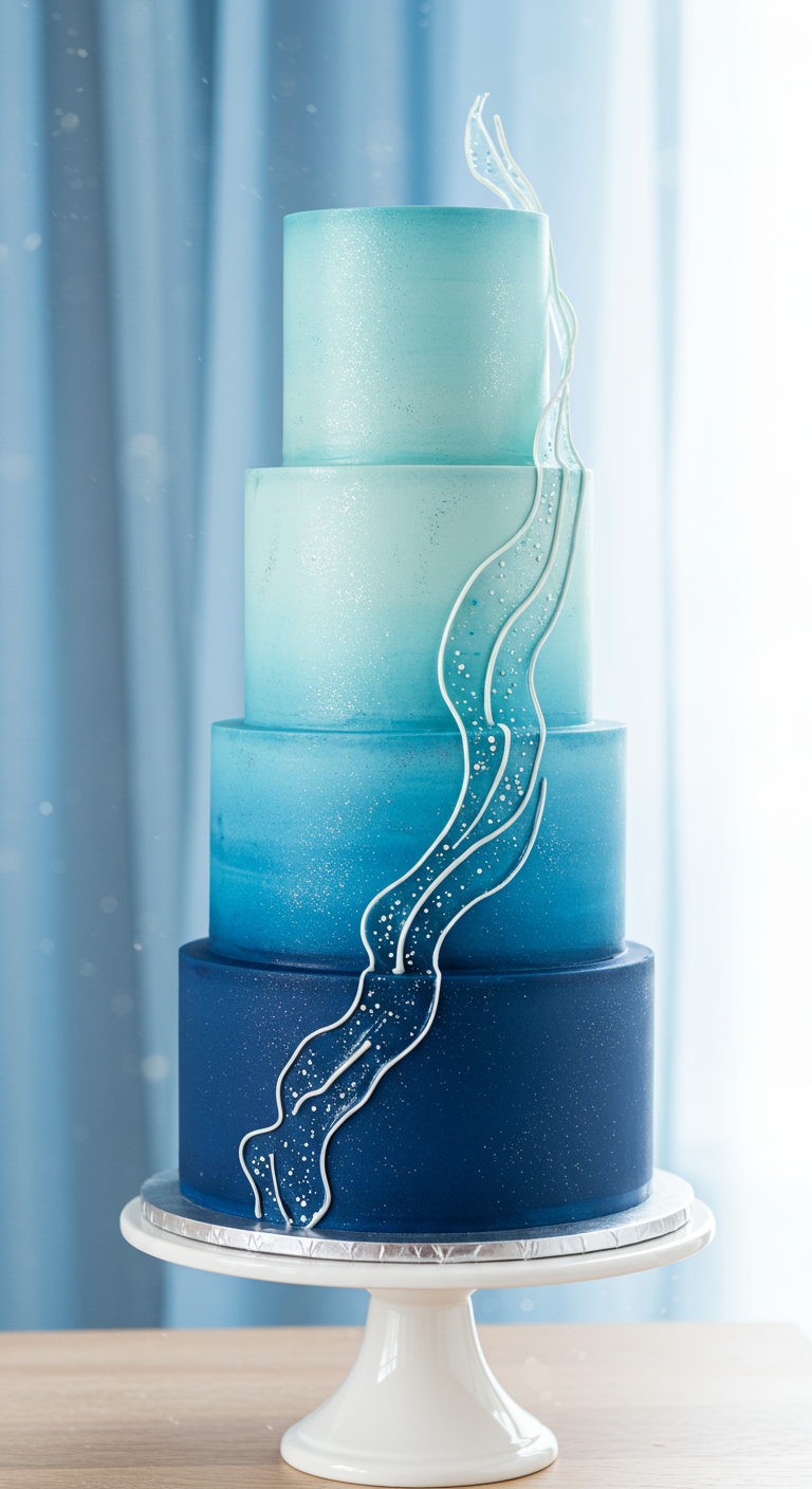 Mehrstöckige Torte mit blauem Ombré-Farbverlauf und Glitzerakzenten.