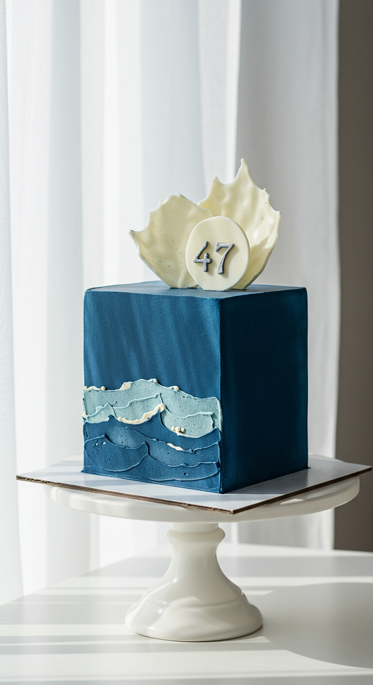 Quadratische blaue Torte mit Wellenstruktur und weißer Schokodeko mit Zahl 47.