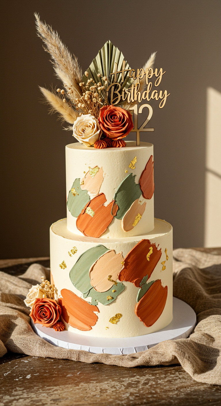 Zweistöckige Torte mit cremefarbener Buttercreme, Farbtupfern in Erdtönen und Trockenblumen.