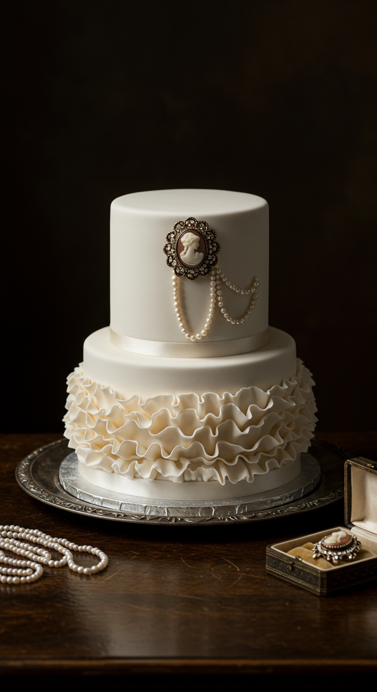 Zweistöckige weiße Torte mit Cameo-Brosche, Perlen und Rüschen.