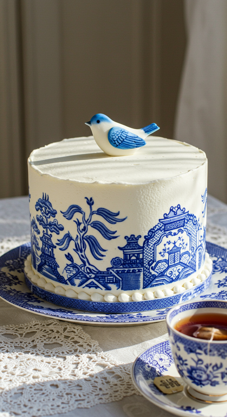 Weiße Torte mit blauem Delfter Muster und einem kleinen blauen Vogel als Topper.