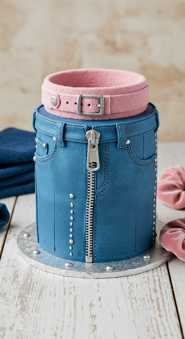 Torte als Jeansstoff mit Reißverschluss und pinkem Glitzergürtel.