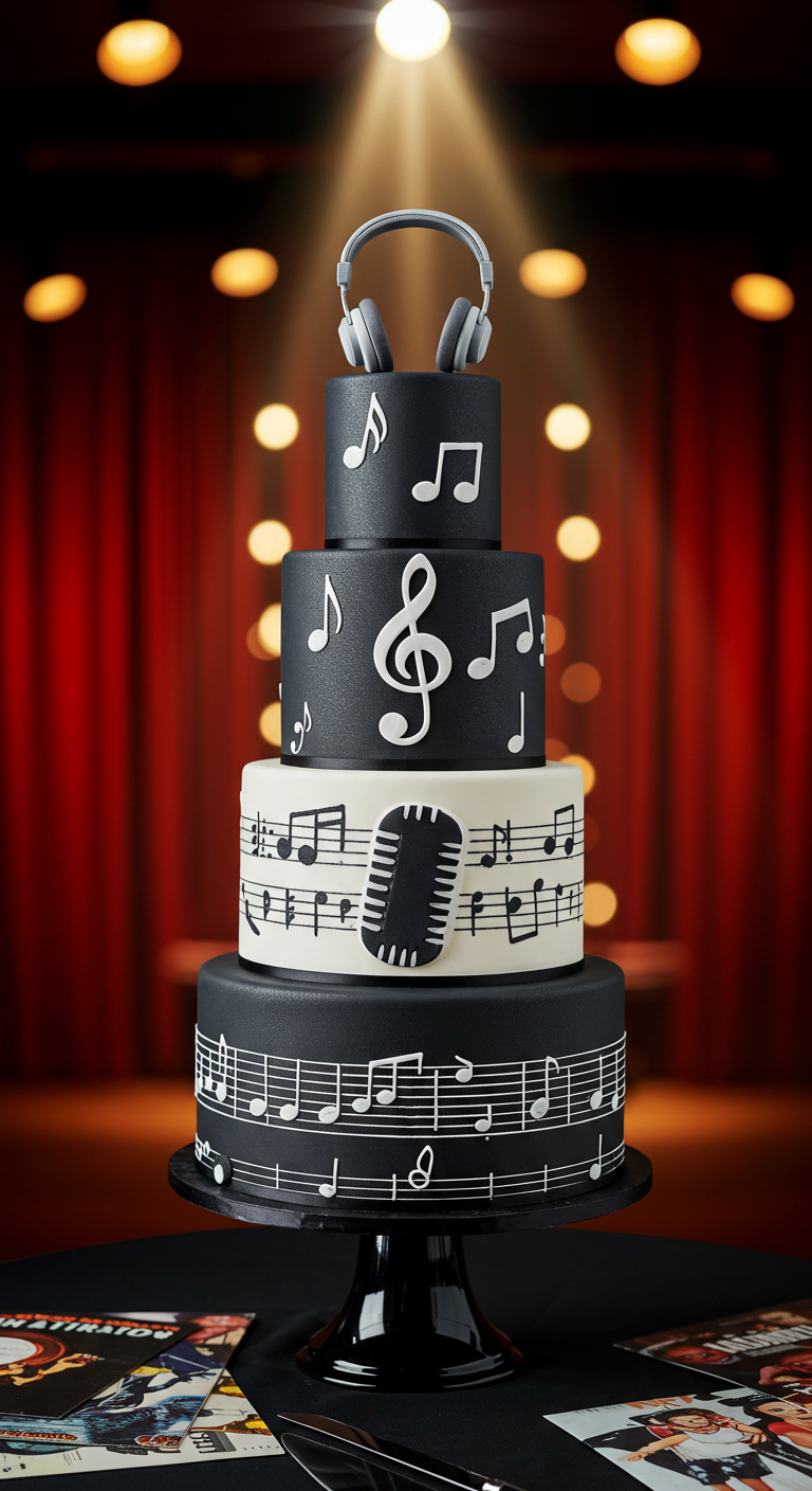 Mehrstöckige schwarz-weiße Torte mit Musiknoten und Kopfhörer-Topper.
