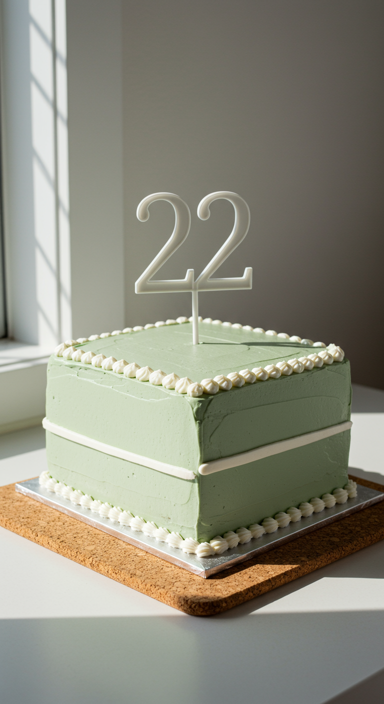 Quadratische, hellgrüne Torte mit weißem Rand und Zahl 22 Topper.