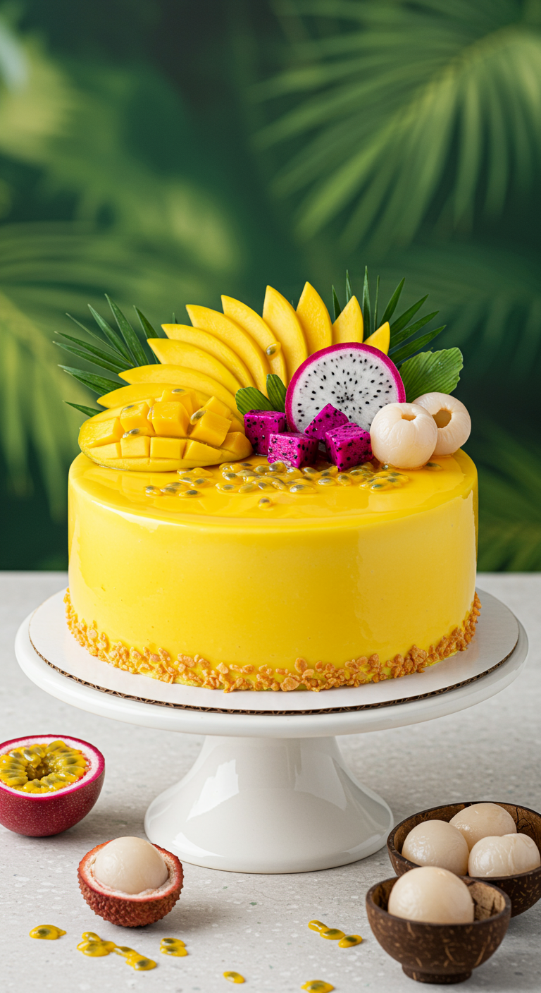 Gelbe Mirror Glaze Torte mit Mango, Drachenfrucht und Litschi.