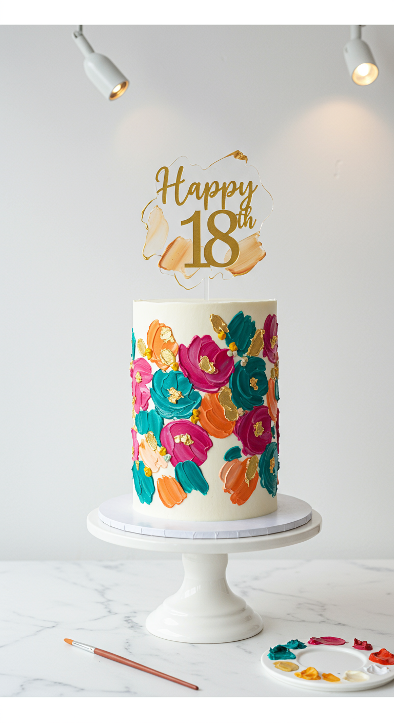 Weiße Torte mit abstrakt gemalten bunten Blumen und goldenem