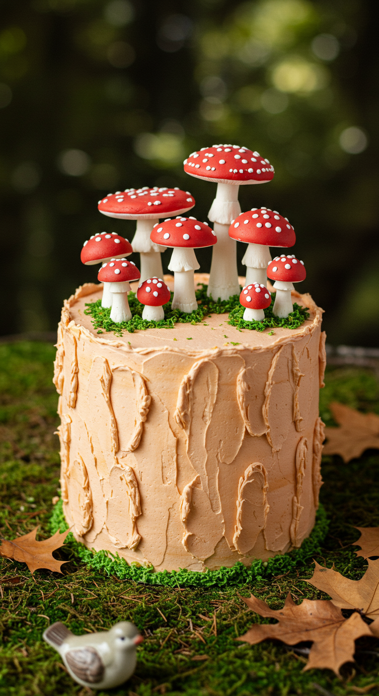 Hellbraune Torte mit Baumrindenoptik, dekoriert mit vielen Marzipan-Fliegenpilzen.