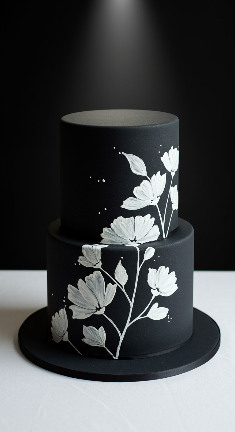 Schwarze zweistöckige Torte mit handgemalten weißen Blumenmotiven.