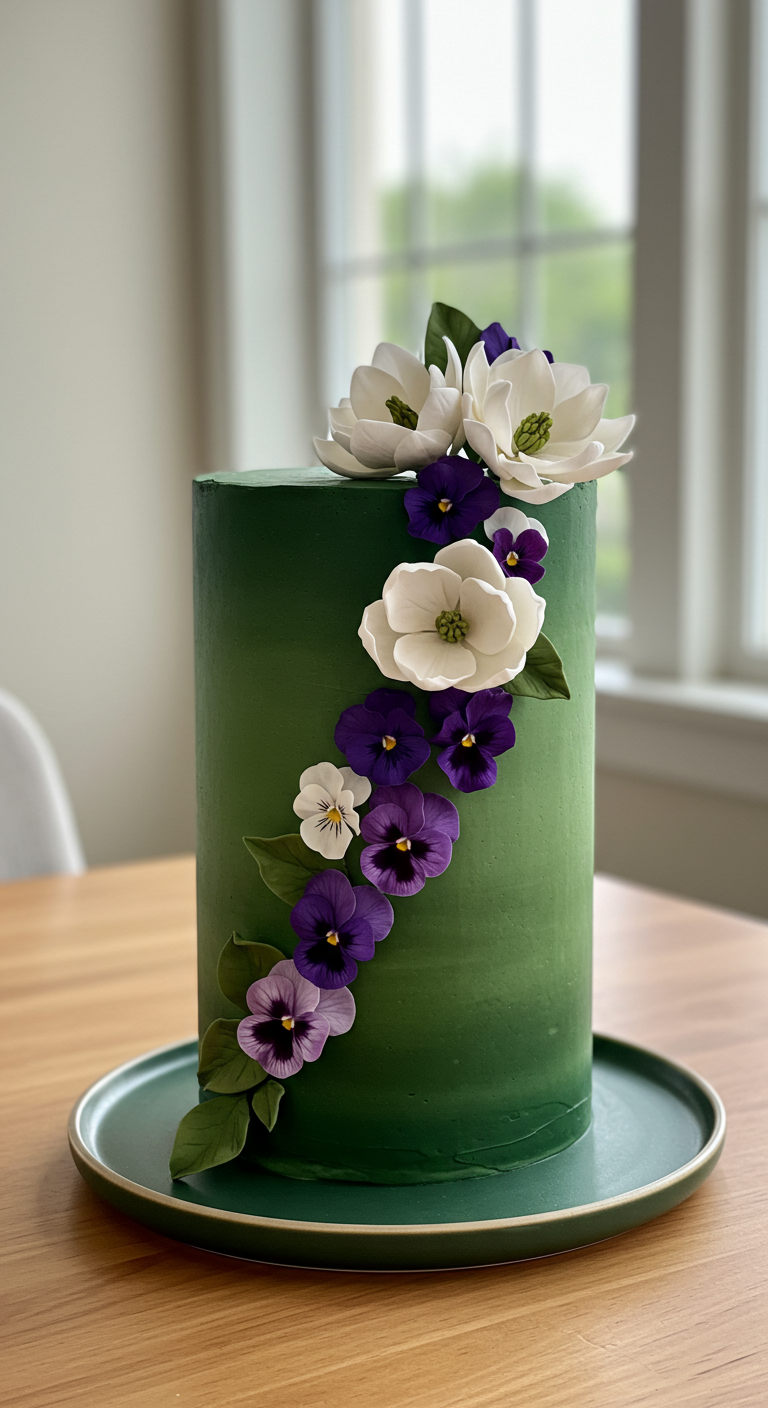 Hohe grüne Torte mit Kaskade aus weißen und lila Zuckerblumen.