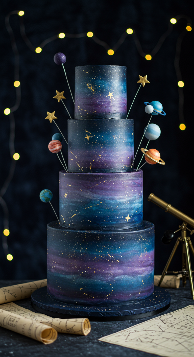 Dreistöckige Galaxie-Torte mit Planeten und Sternen aus Fondant.