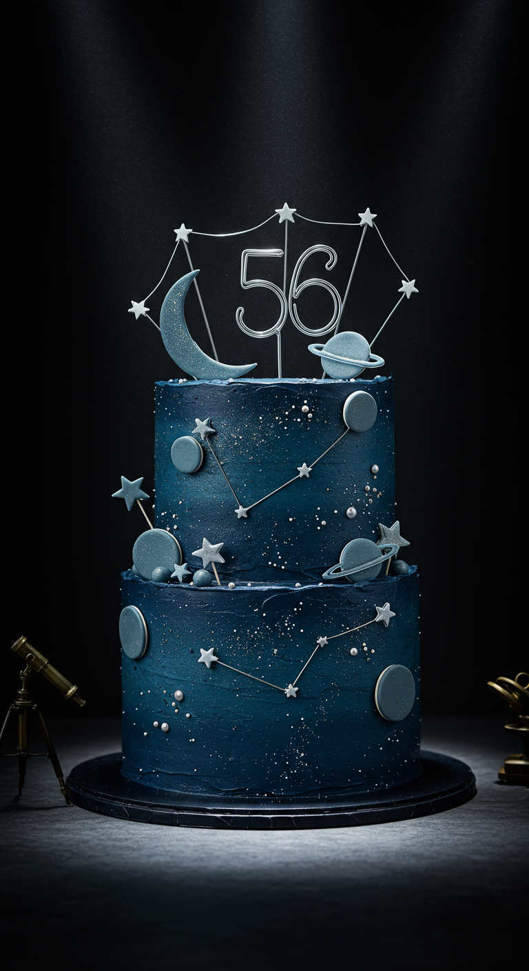 Zweistöckige dunkelblaue Galaxie-Torte mit Planeten, Sternen und Zahl 56 Topper.