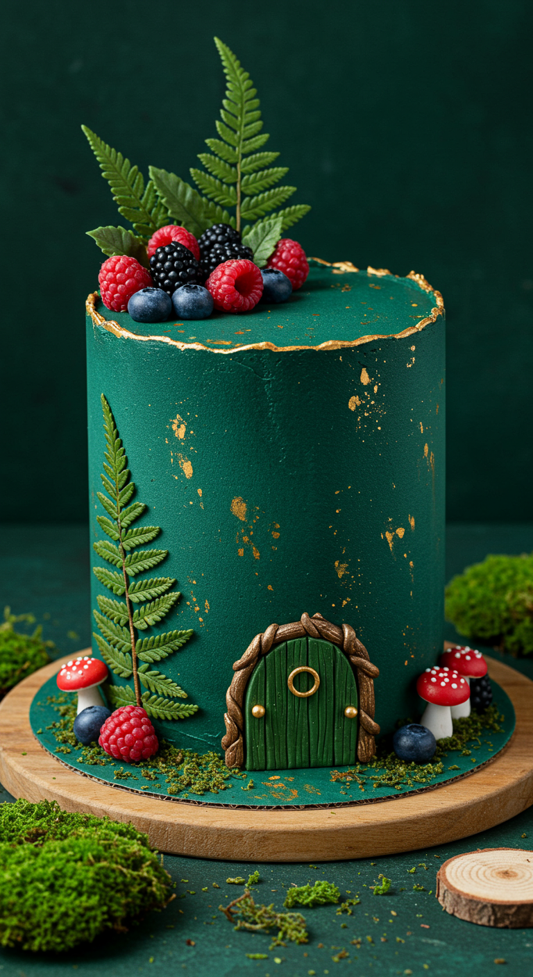 Dunkelgrüne Torte mit Farn, Beeren, kleiner Holztür und Goldakzenten.