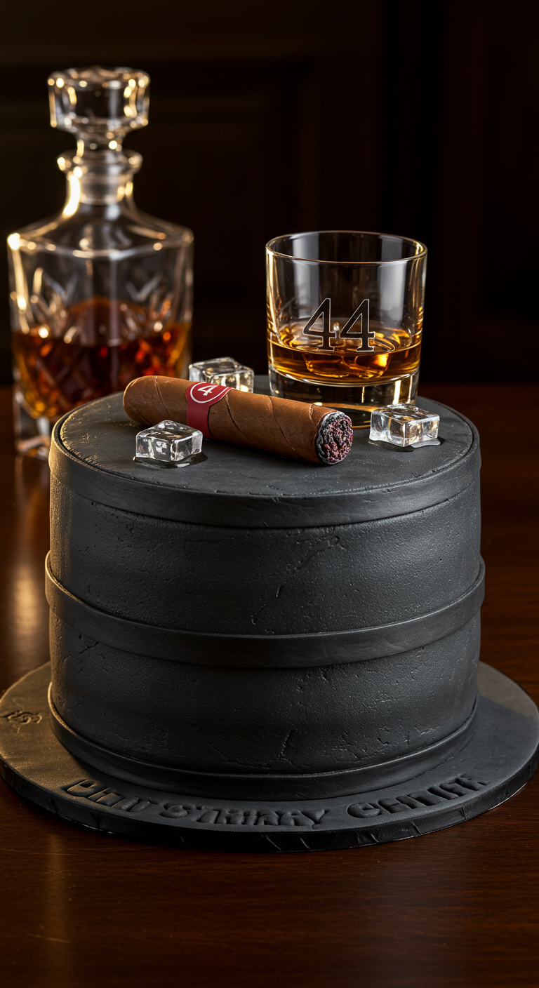 Schwarze, elegante Torte mit einer Fondant-Zigarre, Eiswürfeln und einem Whiskyglas.