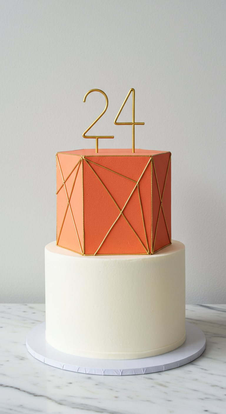 Zweistöckige Torte, obere Etage korallenrot mit goldenen geometrischen Linien, untere weiß, 24 Topper.