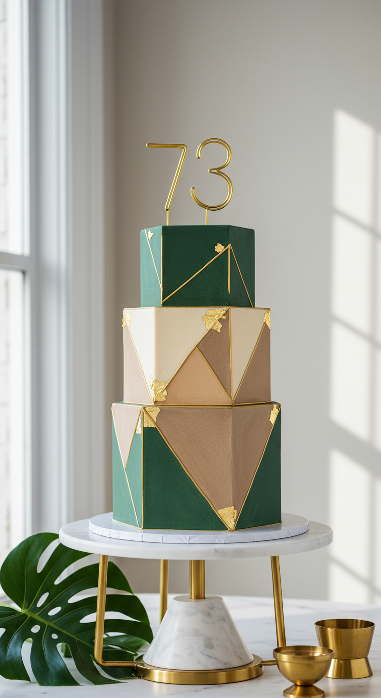 Dreistöckige geometrische Torte in Grün-Beige mit Goldakzenten und Zahl 73.