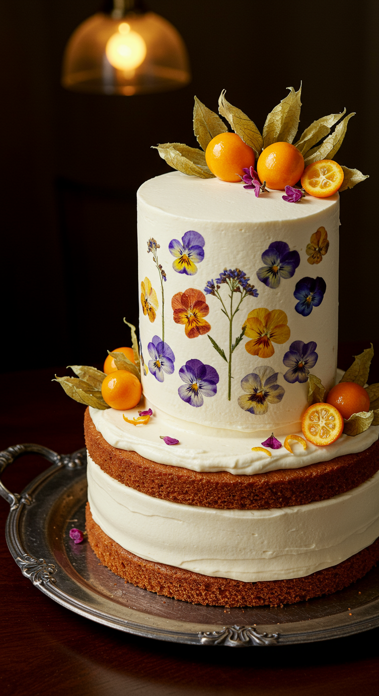 Zweistöckige Semi-Naked-Torte mit gepressten bunten Blüten und Physalis.