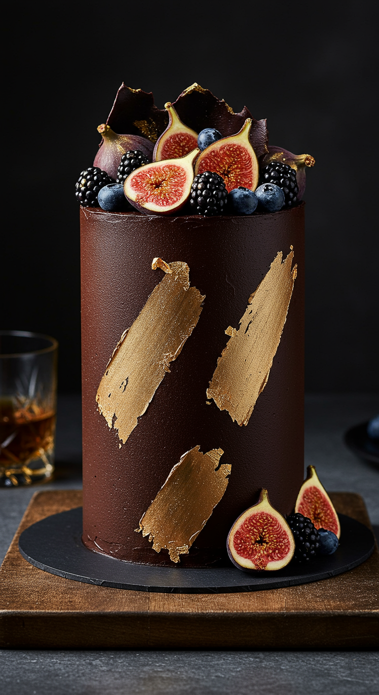 Schokoladentorte mit Goldakzenten, Feigen und Beeren.
