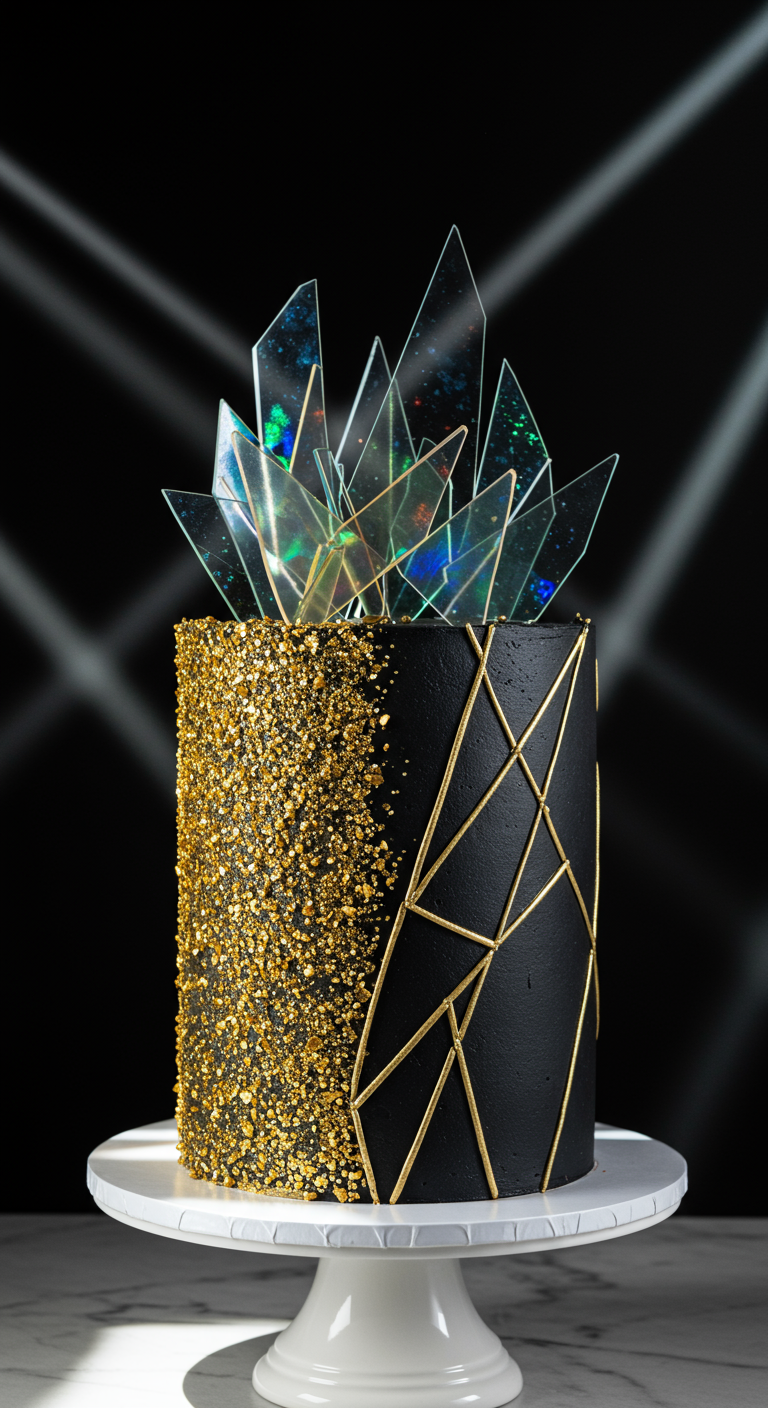 Schwarze Torte mit Goldglitzer, goldenen Linien und transparenten Zuckerscherben.