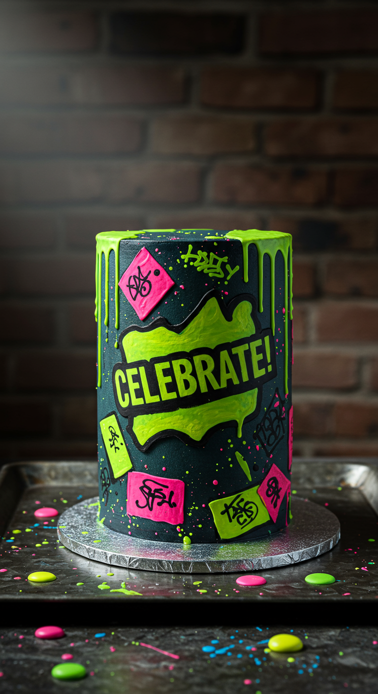 Schwarze Torte mit Neon-Grün Drip und bunten Graffiti-Elementen, 'CELEBRATE!' Schriftzug.