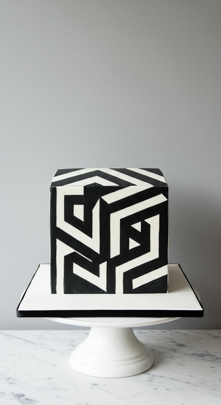 Quadratische weiße Torte mit schwarzem geometrischem 3D-Muster auf Tortenständer.