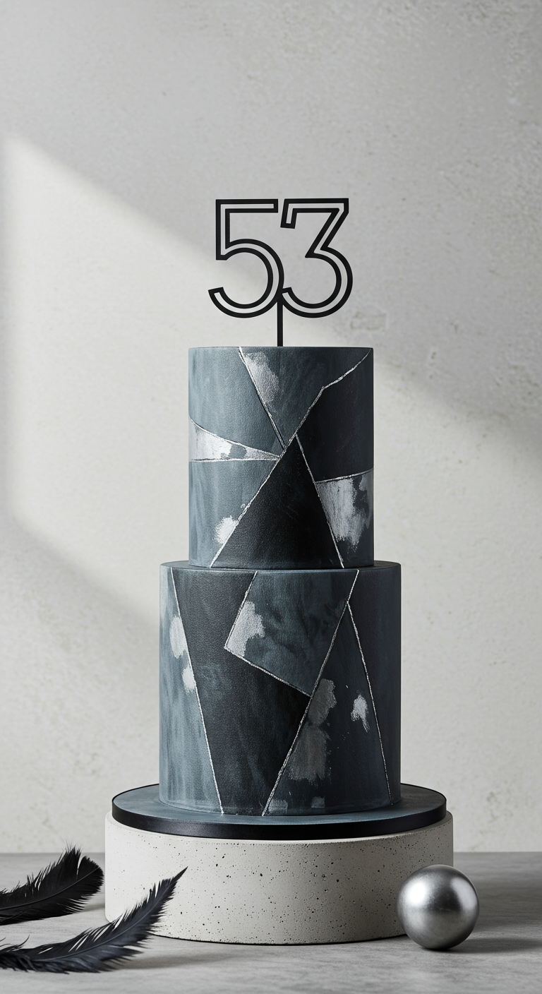 Zweistöckige dunkelgraue Torte mit geometrischen Silberakzenten und schwarzem Zahl 53 Topper