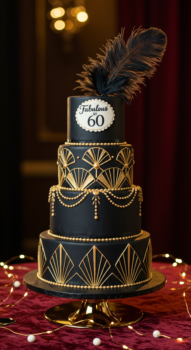 Schwarze mehrstöckige Torte mit goldenen Art-Déco-Mustern und Feder.