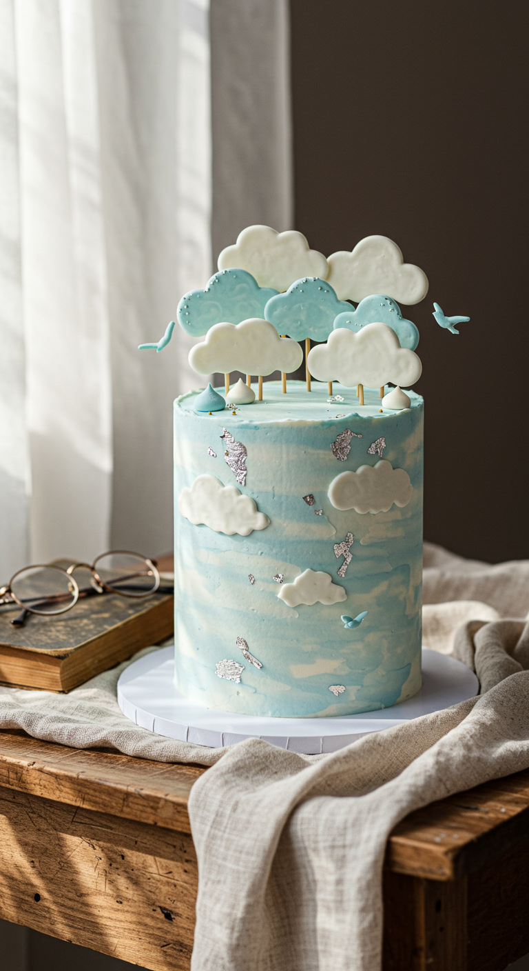 Hellblaue Torte mit weißen Fondantwolken, kleinen Vögeln und Silberflocken.
