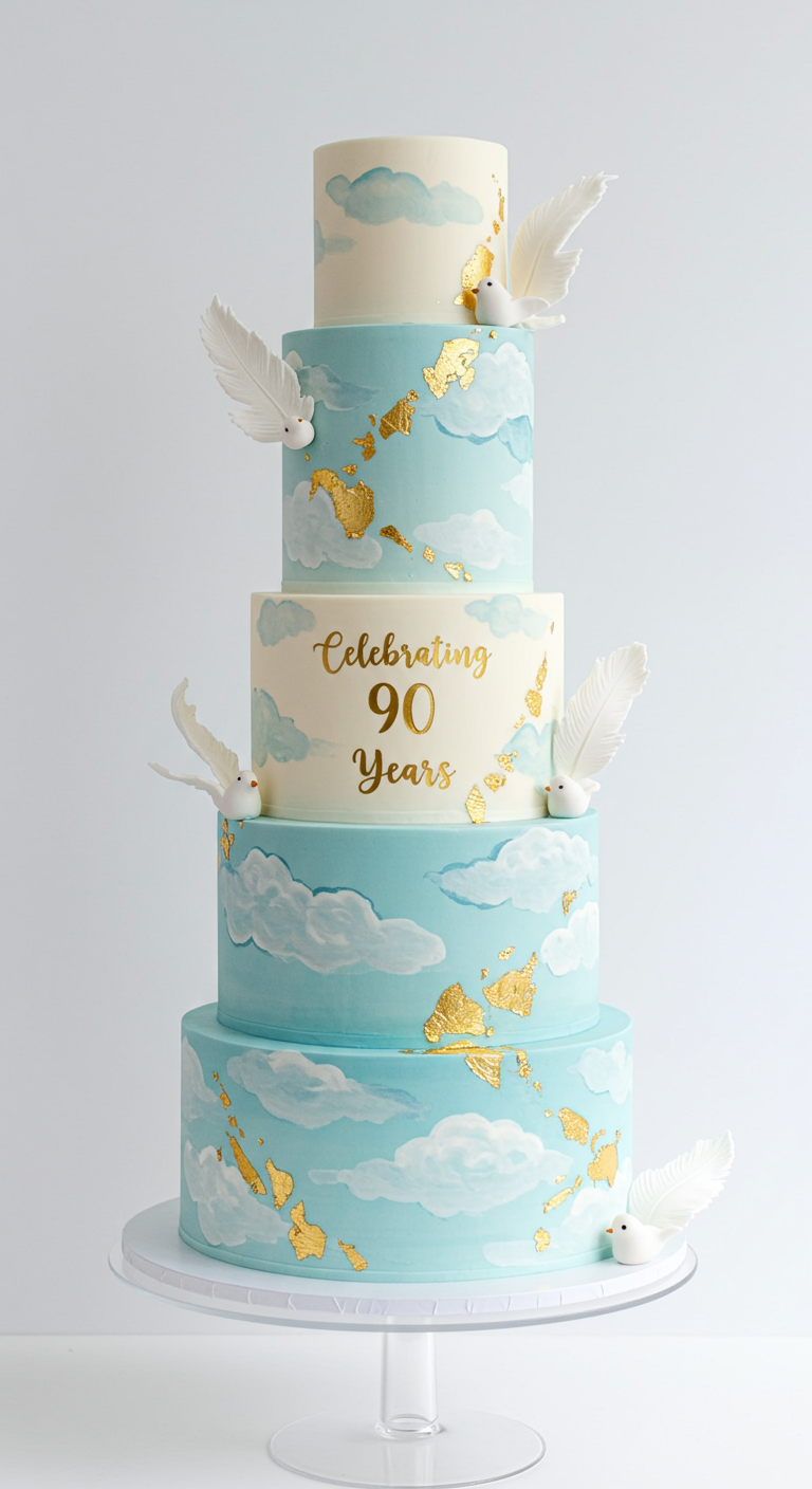 Hohe fünfstöckige Torte in Himmelblau mit weißen Wolken, Goldakzenten und weißen Tauben.