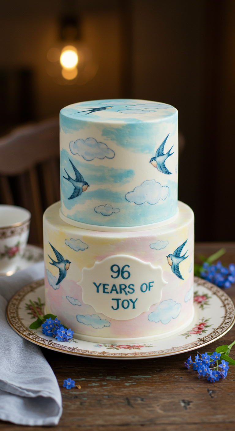 Zweistöckige Torte mit handgemalten Wolken, Schwalben und Schriftzug.