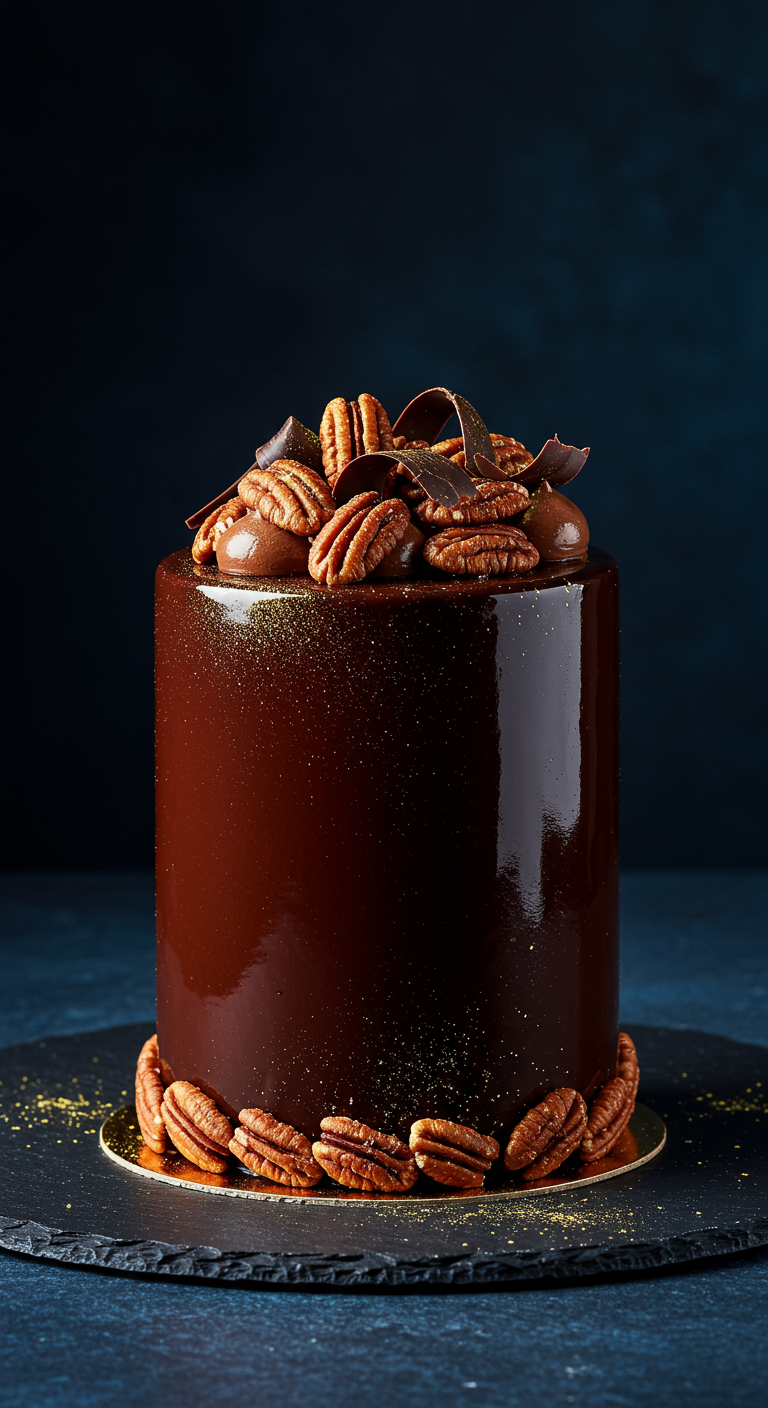 Dunkle Schokotorte mit Spiegelglasur und Pekannüssen.