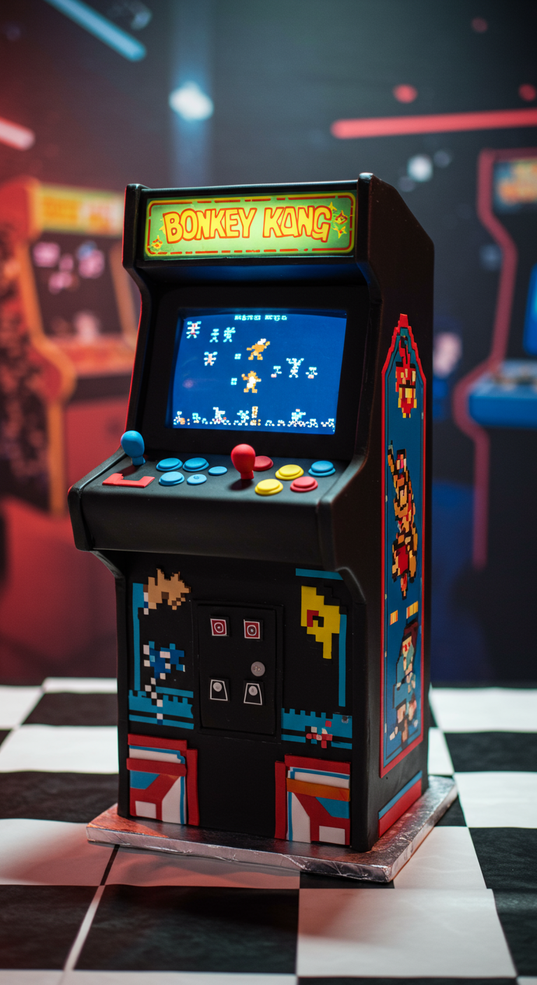 Schwarze Arcade-Spielautomat-Torte mit 'Bonkey Kang' Spielszene auf dem Bildschirm