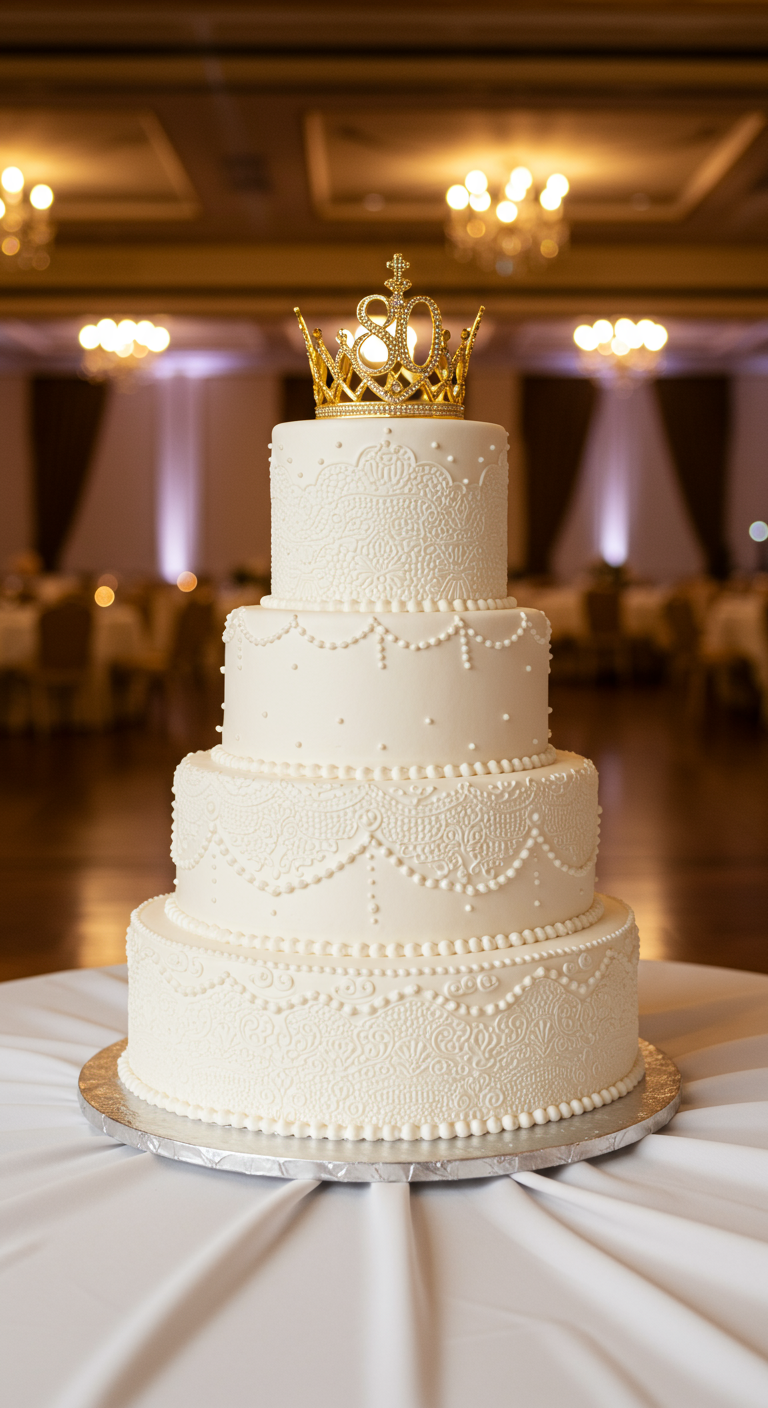 Vierstöckige weiße Torte mit filigranen weißen Zuckergussmustern und goldener Krone.