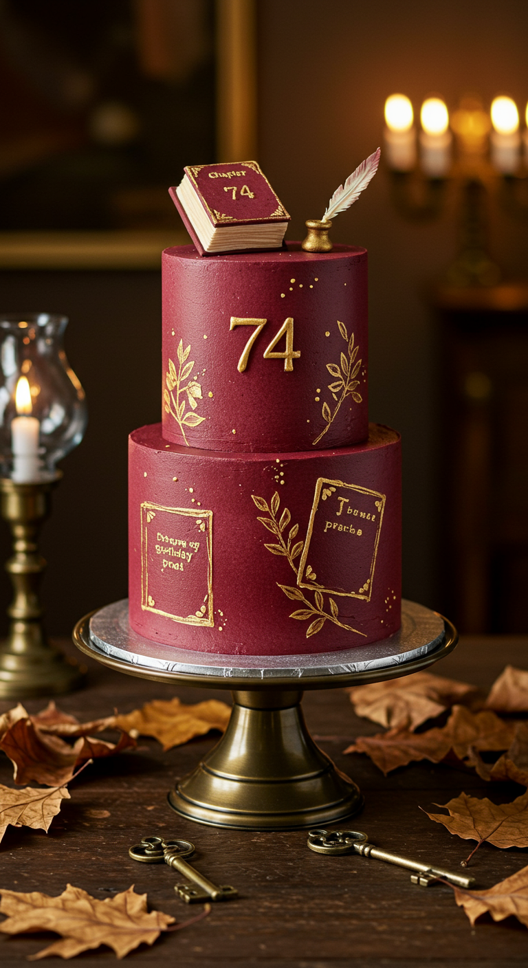 Zweistöckige burgunderrote Torte dekoriert als Buch mit goldenen Details und der Zahl 74.