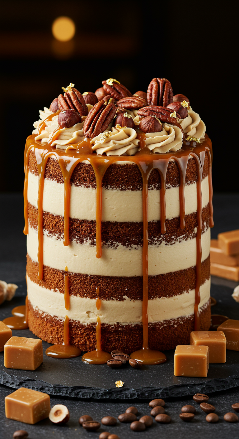 Naked Cake mit mehreren Schichten, Karamell-Drip, Pekannüssen und Karamellbonbons.
