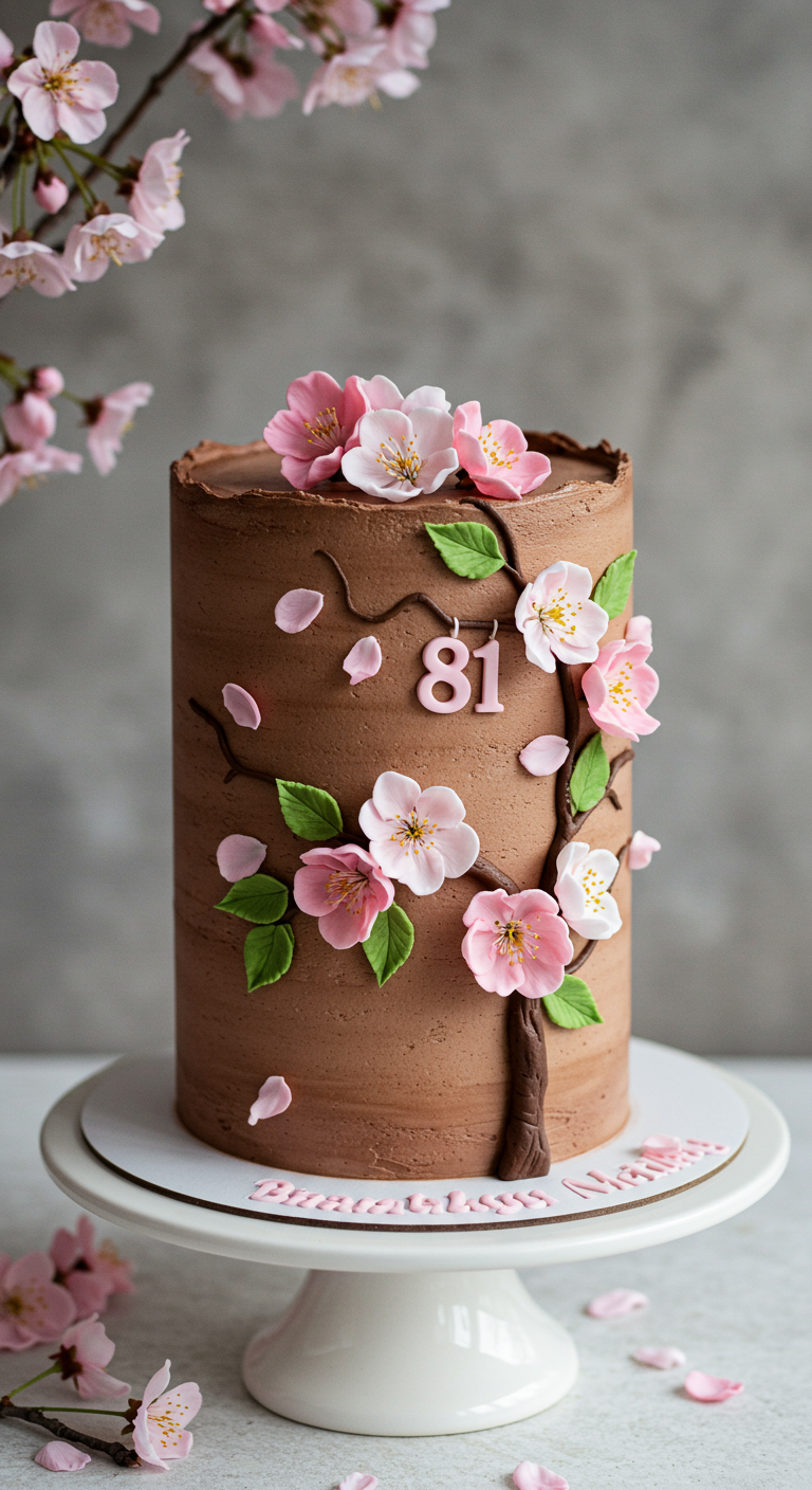 Schokoladentorte mit rosa Zucker-Kirschblüten und einer 81.