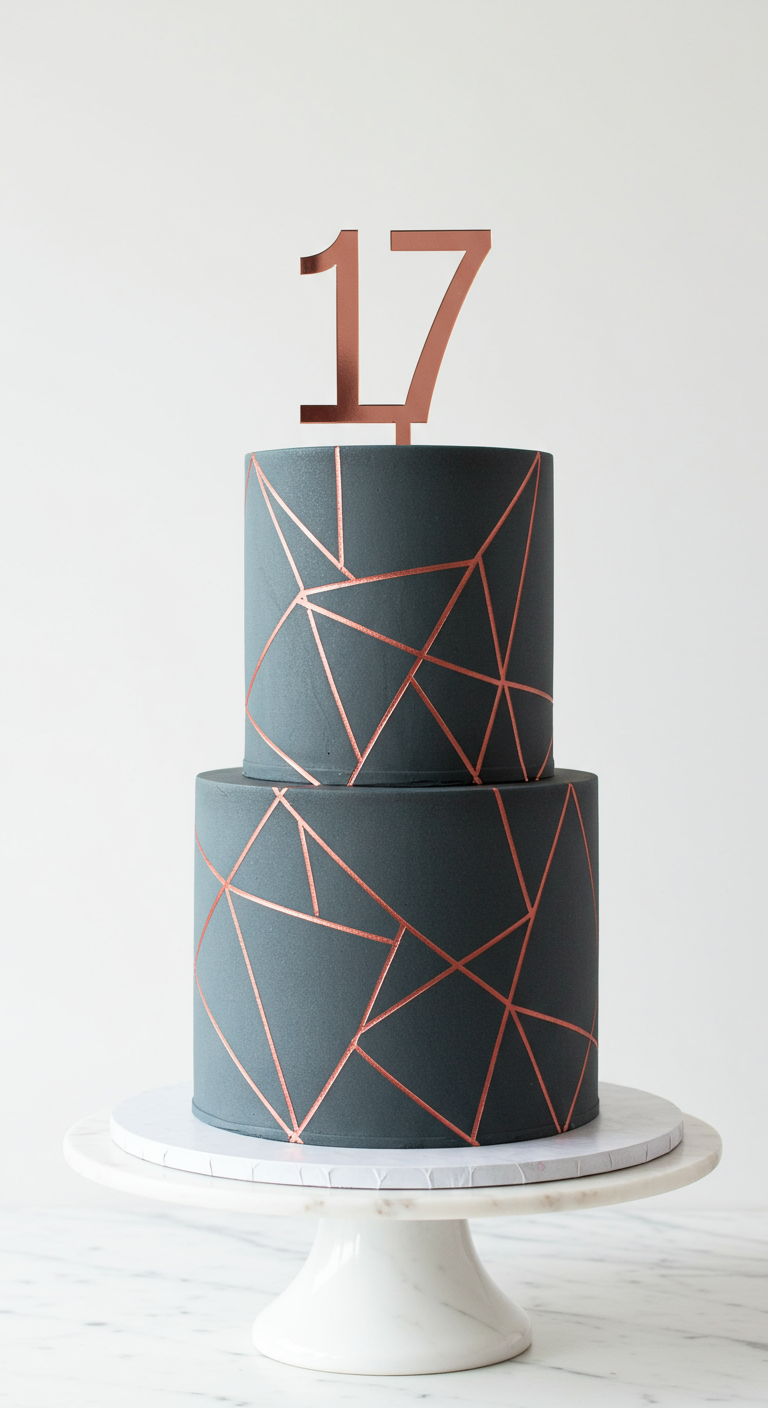 Zweistöckige graue Torte mit roségoldenen geometrischen Linien und Zahl 17.