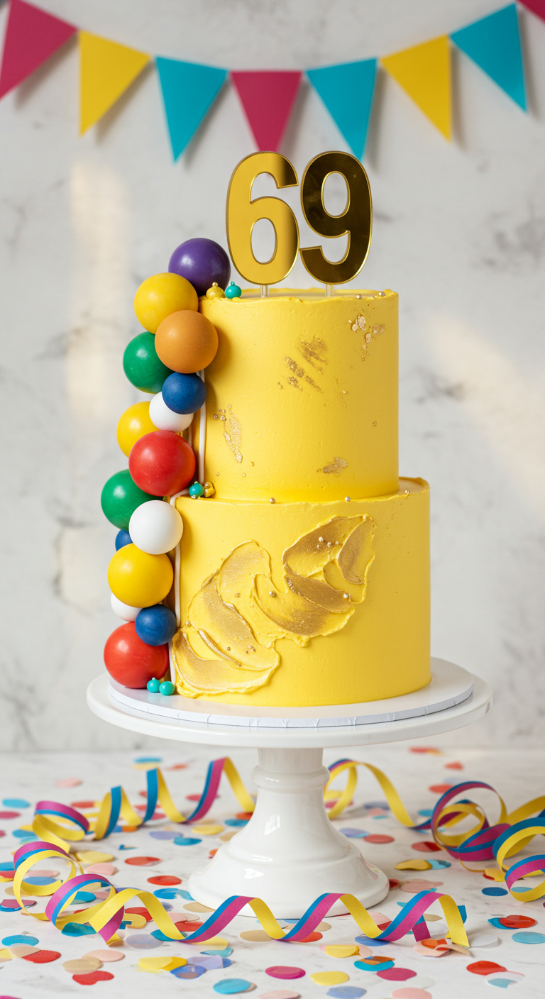 Zweistöckige gelbe Torte mit bunten Ballons und goldenen Akzenten, Zahl 69.