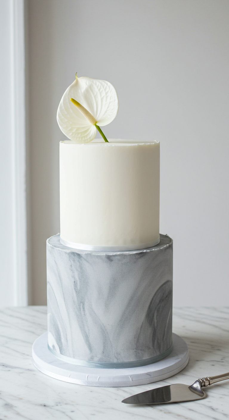 Zweistöckige Torte, untere Etage grau marmoriert, obere weiß, mit einer Calla-Lilie.