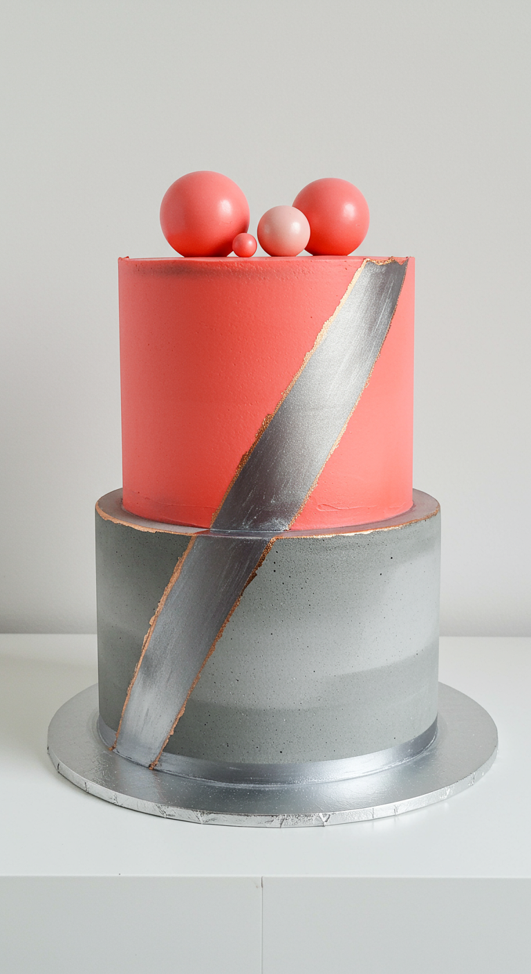 Zweistöckige Torte, unten grau, oben korallfarben, mit silbernem Diagonalstreifen und rosa Kugeln.