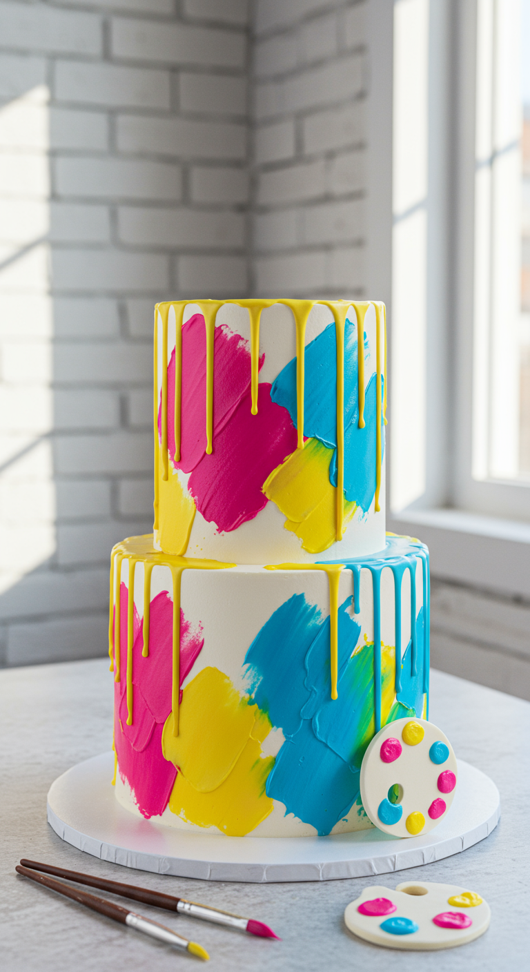 Zweistöckige Torte mit bunten Farbklecksen und gelbem Drip, Künstlerpaletten-Deko.